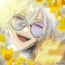 a picture of a boy with glasses and the words good morning on it