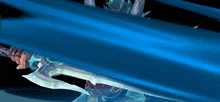 a video game character is holding a sword and a shield