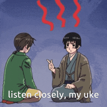 a cartoon of two men sitting next to each other with the words listen closely my uke written on the bottom