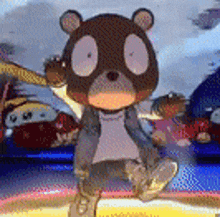 a cartoon teddy bear is sitting on a table with a blurry background .