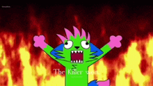 a cartoon cat is screaming in front of a fire background .