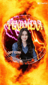a woman is surrounded by flames and the word phenomena