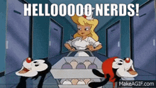 a cartoon of a nurse with a box of eggs and the words hellooooo nerds