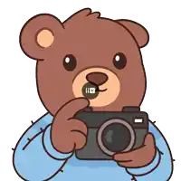 a brown teddy bear is holding a camera in its paws