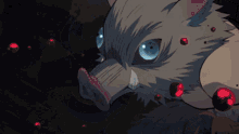a cartoon drawing of a pig with blue eyes and blood coming out of its nose