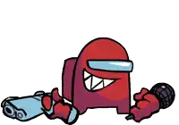 a red among us character is holding a microphone and a gun .