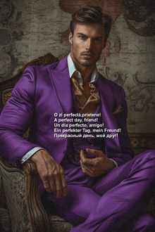 a man in a purple suit sits in a chair with a poem in another language