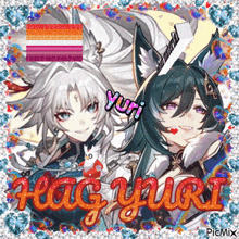 a picture of two anime girls with the words hug yuri written on it