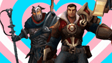 two video game characters standing next to each other on a pink and blue heart background