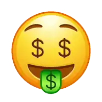 a smiley face with dollar signs on its eyes and a green dollar sign sticking out of its mouth