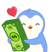 a penguin is holding a large stack of money with a heart above it
