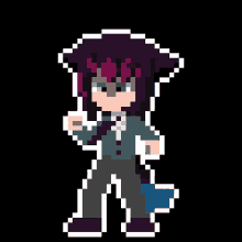 a pixel art of a person with purple hair and green eyes