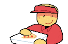 a pixel art drawing of a man holding a stack of pizzas