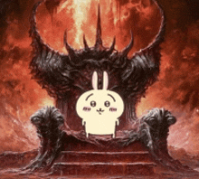 a rabbit is sitting on a throne in front of a demon