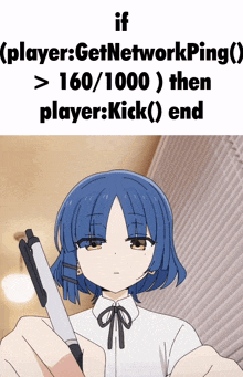 a girl with blue hair is holding a pen and writing on a piece of paper that says if