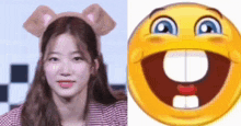 a woman wearing a cat ear headband next to a smiley face with teeth