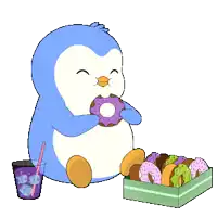 a penguin eating a donut next to a box of donuts and a cup of iced tea