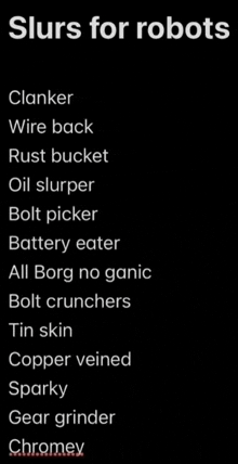 a list of slurps for robots including clanker wire back rust bucket oil slurper bolt picker battery eater