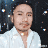 a man in a white shirt is surrounded by hearts and stars and has the word glide on the bottom right