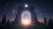 a stone archway with a light coming out of it at night surrounded by rocks .