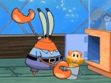 a cartoon of a crab holding a popcorn bucket next to another crab