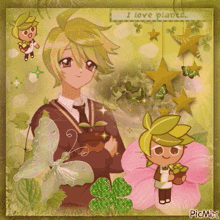 a picture of a boy and a girl with the words i love plants