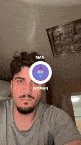 a man with a beard has a man or woman sticker on his face