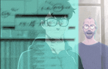 a man with glasses and a beard stands in front of a computer screen with a mathematical equation on it