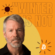 a man with a beard is standing in front of a yellow background that says winter is not