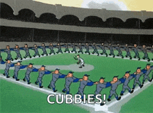 a cartoon of a baseball game with the words cubbies written on the bottom .