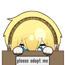 a cartoon character is holding a sign that says please adopt me