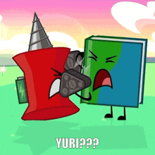 a cartoon drawing of a book and a red object with the word yuri on the bottom right