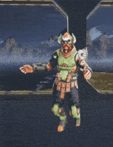 a video game character with a beard and a green armor