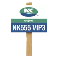 a sign for syngenta nk555 vip3 is attached to a wooden post