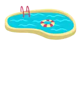 a cartoon girl wearing a zhoucha headband is standing in front of a swimming pool