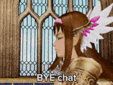 a video game character says bye chat while looking out a window