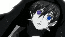 a black and white drawing of a boy with purple eyes