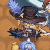 a pixel art drawing of a person wearing a top hat and feathers