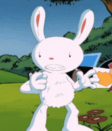 a cartoon rabbit is standing in the grass with a car in the background
