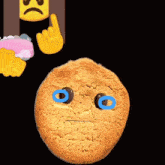 a cookie with tears coming out of it 's eyes and a smiley face behind it