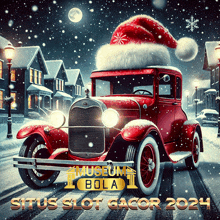 a red car wearing a santa hat is driving down a snow covered street