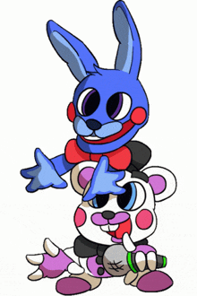 a blue bunny is sitting on top of a white teddy bear with a microphone