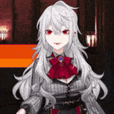 a girl with white hair and red eyes is wearing a bow tie