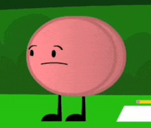 a pink circle with legs and a face is standing on a green table .