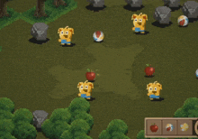 a video game with a bunch of cartoon characters and a few apples