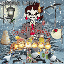a cartoon of a woman surrounded by pigeons that says good morning pigeon lady