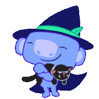 a blue cartoon character wearing a witch hat holds a black cat