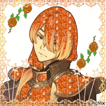 a picture of a boy with orange hair is surrounded by roses