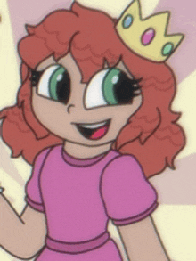 a cartoon girl is wearing a pink dress and a crown .