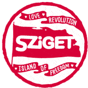 a red and white circle with the word sziget on it